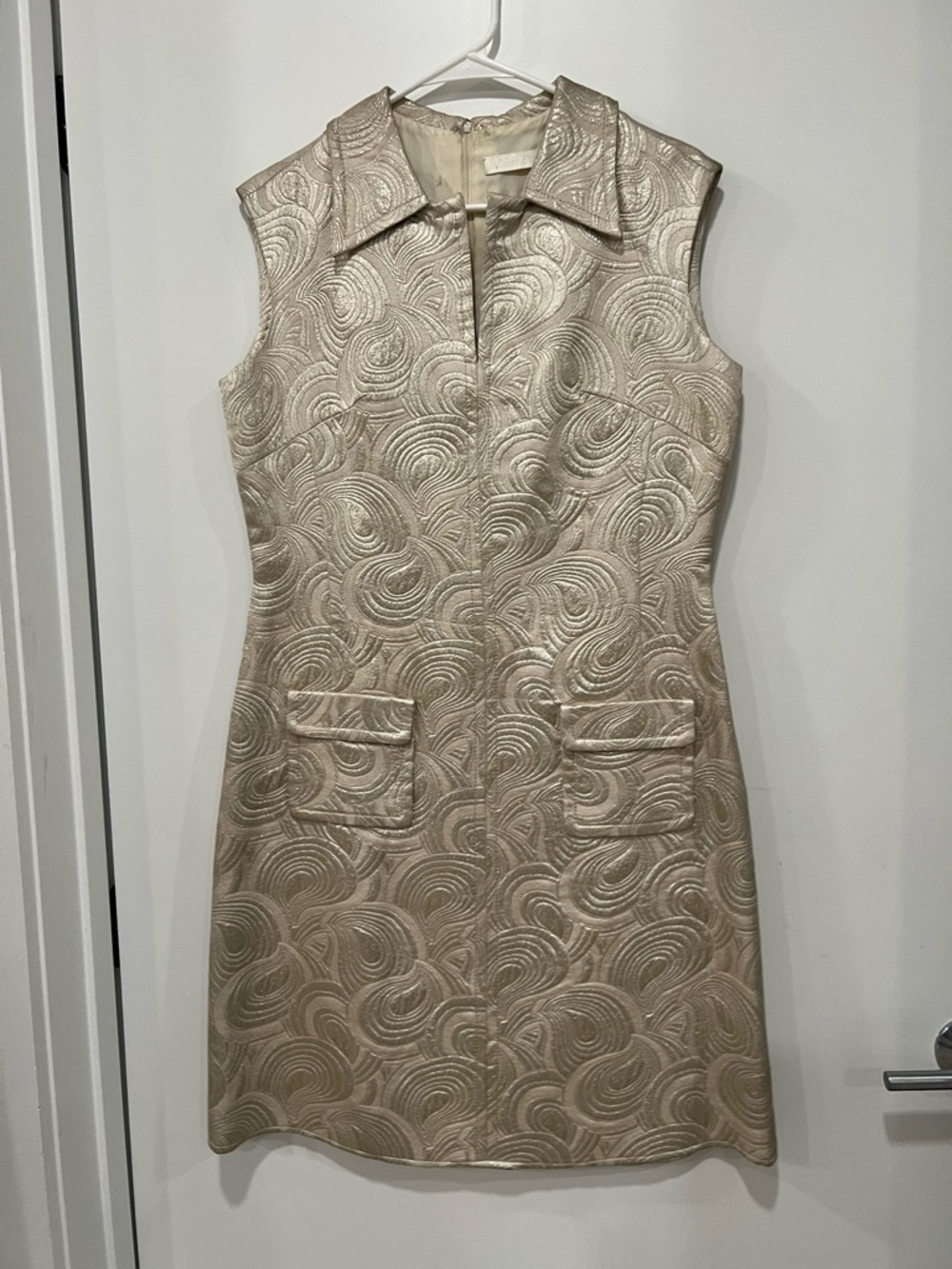 Sleeveless Metallic Gold Brocade Shift Dress